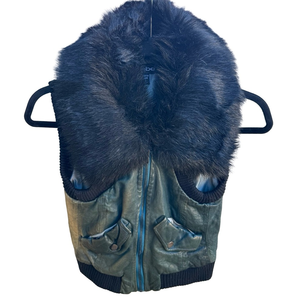 Bebe Y2K Faux Fur Collar Leather Moto Biker Edgy Glam Cropped Vest Teal Green S